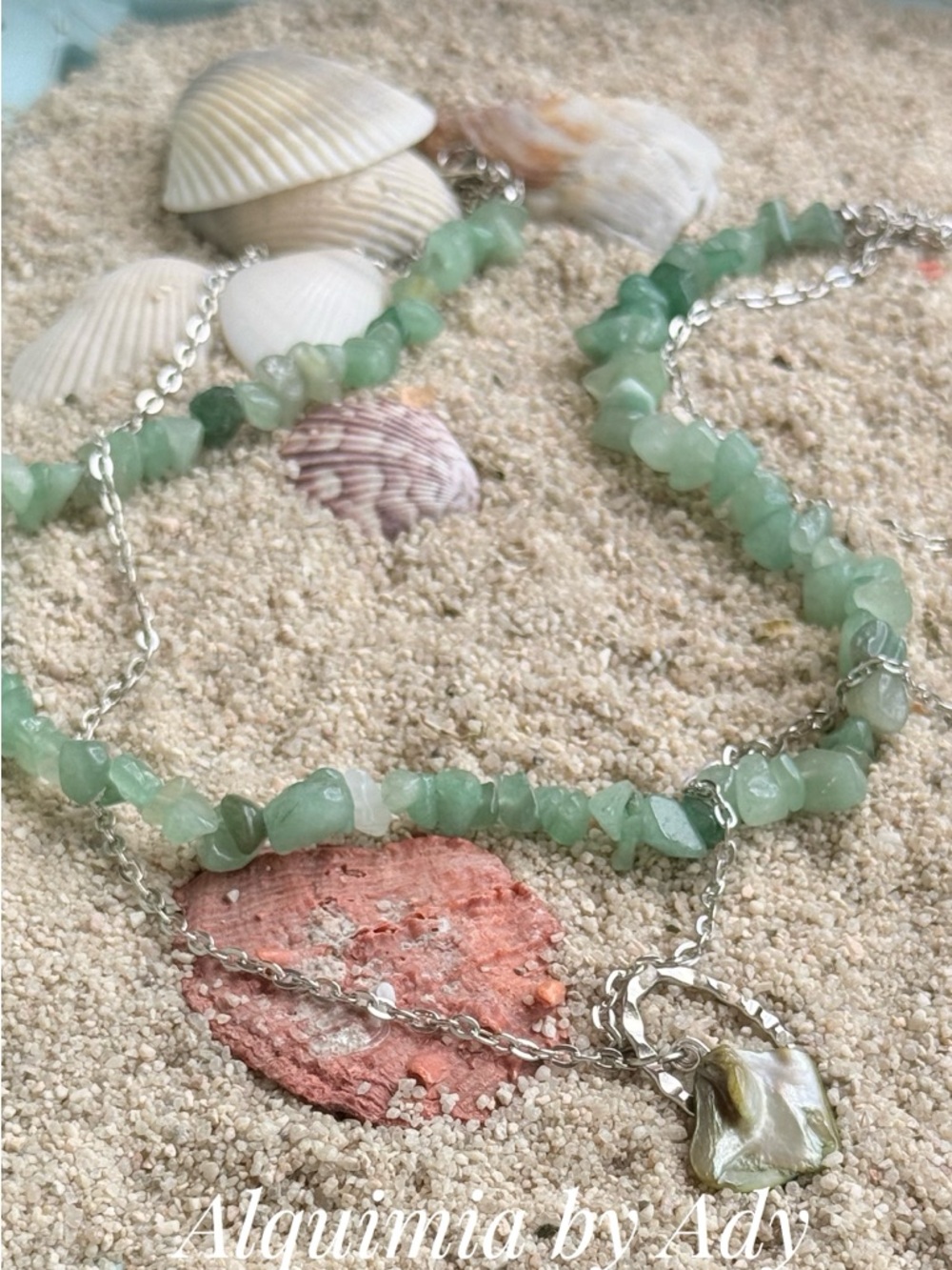 LAYERED Light Green Aventurine Chip Necklace with BIG BAROQUE Pearl Accent